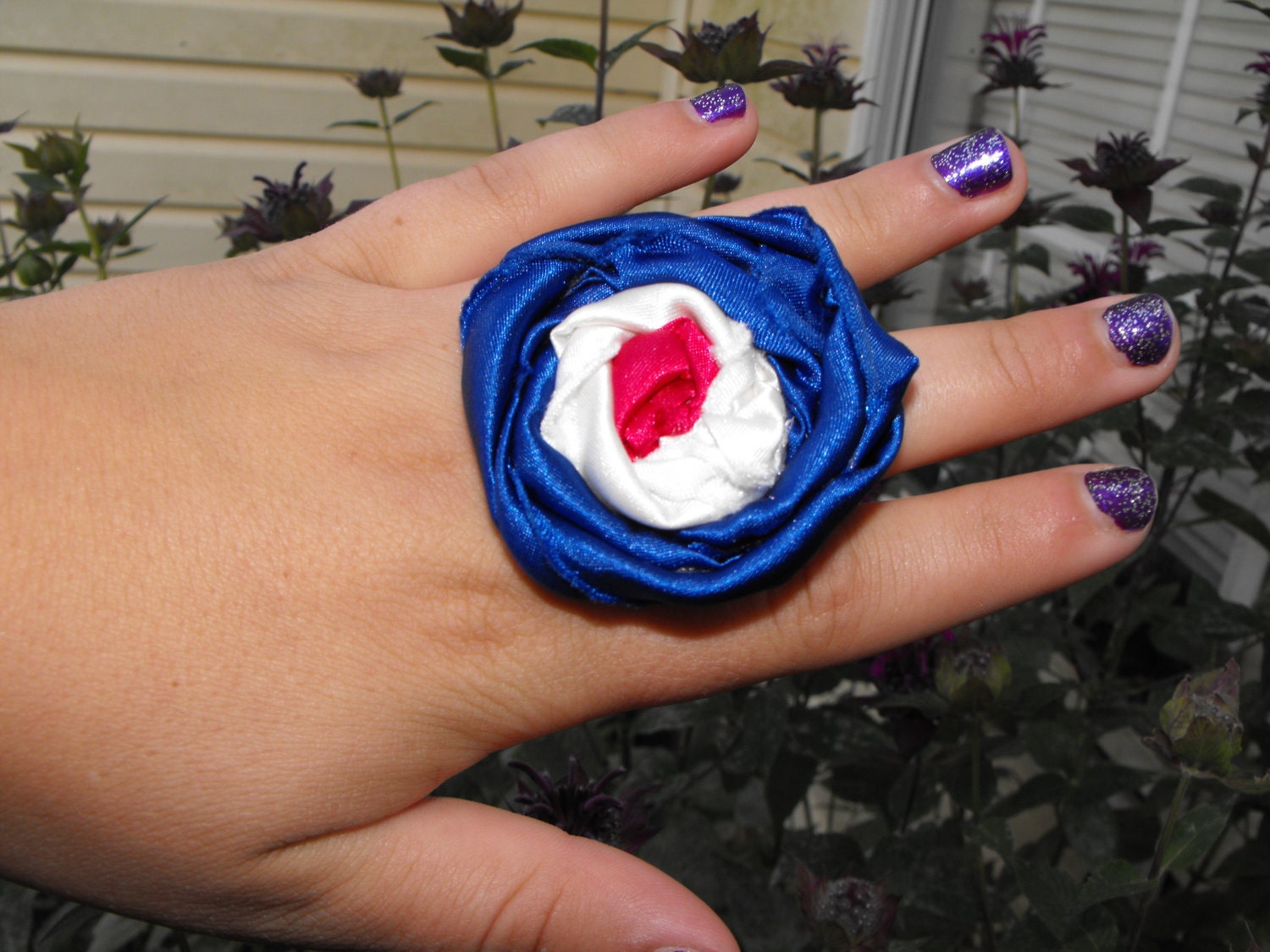 Rosette fabric flower ring, July 4, all american, red white blue, captin america, super hero, all occation ring urban rings, hand accessori