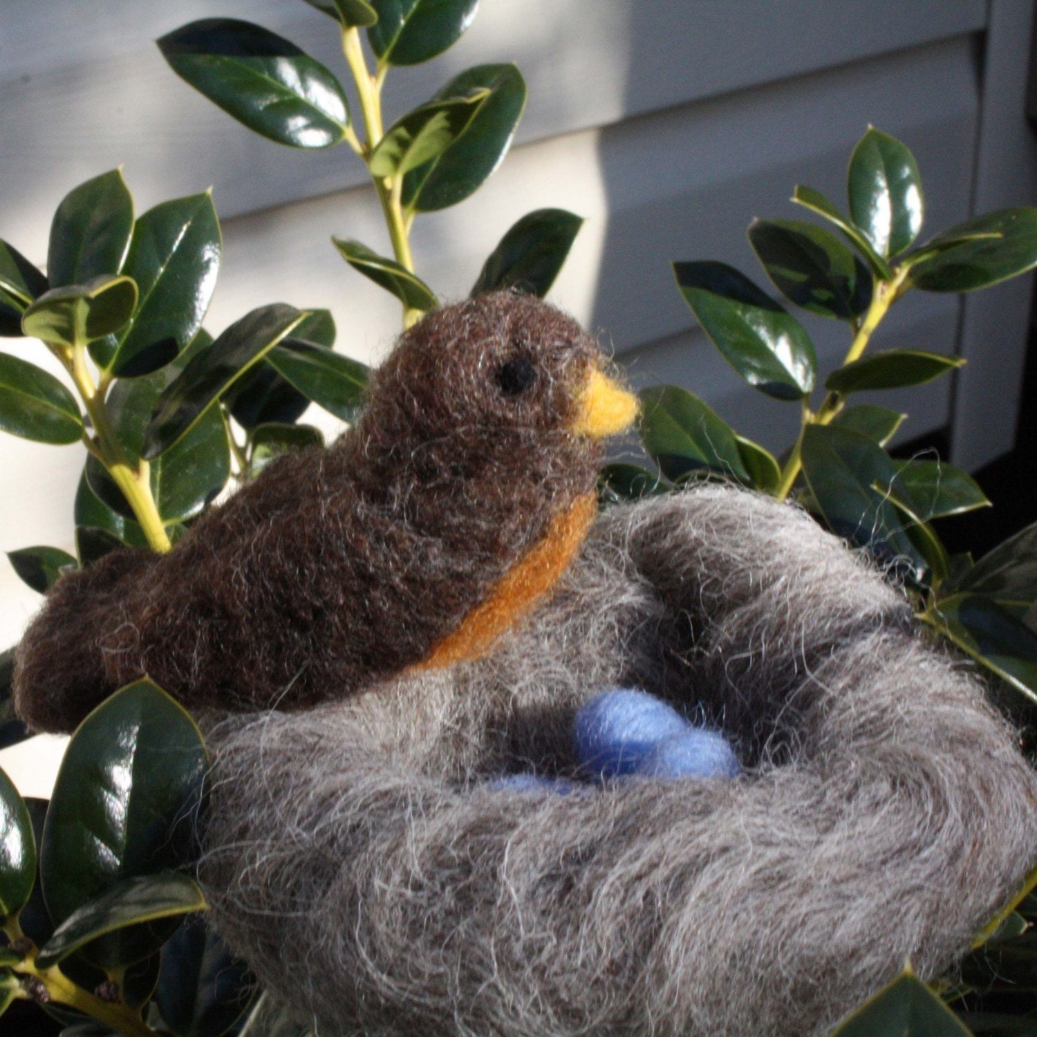 Needle Felted Robin and Nest Sculpture Wool Nature