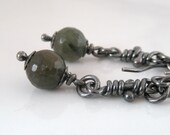 Faceted Quartz Sterling Silver Earrings. Dangling Rustic Oxidized Knots. Moss Green.