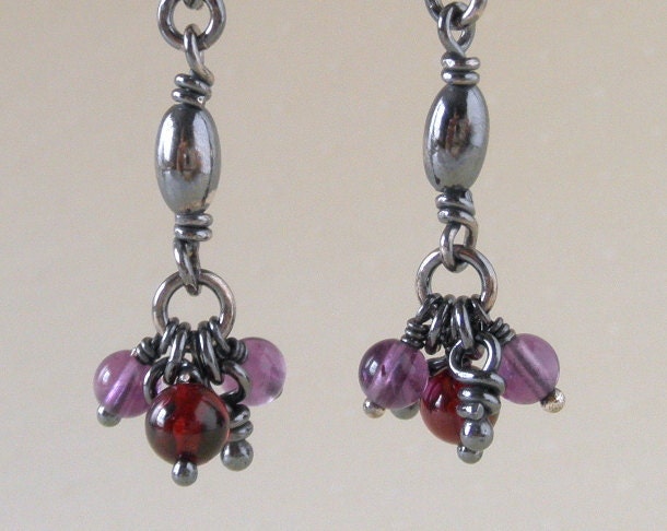 Garnet Amethyst Sterling Silver Earrings. Oxidized. Dangling Tiny Knots Purple & Red Stones. -Ana-