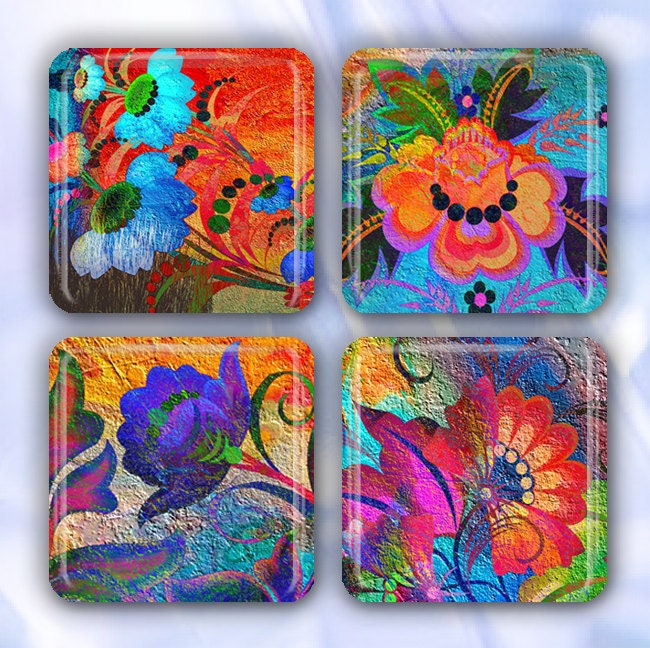 Summer Bouquet (FLOR103) Set of 4 Glass Tile Magnets 1" square