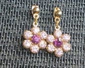 Vintage Amethyst Purple Flower Pierced Earrings Delicate Gemstone Rhinestones Dangles