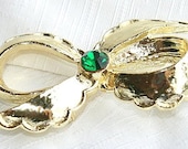 Vintage Bow Pin Brooch Emerald Green Rhinestone Signed GERRYS