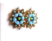 Mustard Patina, Aqua Glass Seed Bead - Beadwoven Earrings -Patina Jewelry -Jewellery