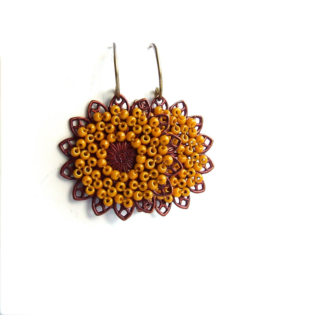 Patina Earrings Mustard Glass Red Patina Brass - Beadwoven Earrings -Sunflowers in Yellow -Jewellery