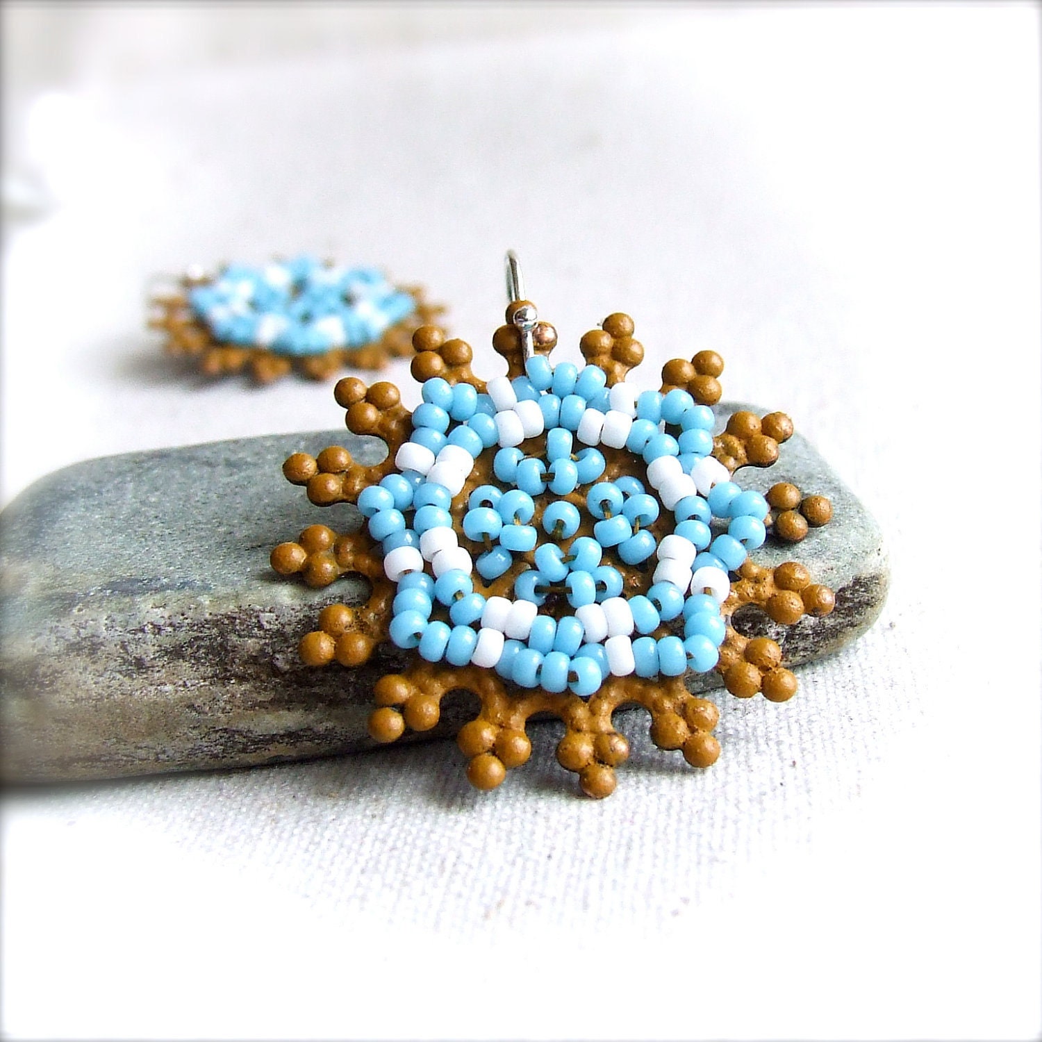 Turquoise White Beaded Mustard Patina - Beadwoven Earrings -Sunflowers -Patina Jewelry -Jewellery