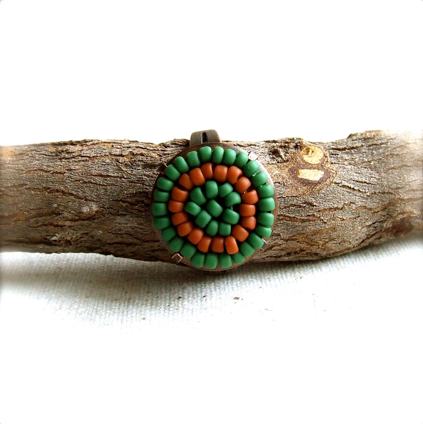 Green Woven, Glass Seed Beaded, Copper - Ring - Terracotta, Forest Pod -Jewellery