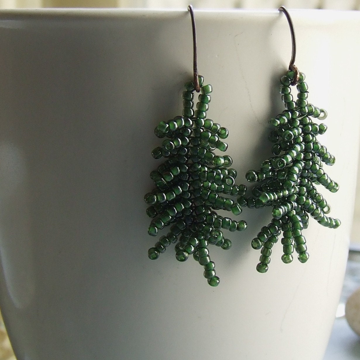 Glass Seed Bead, Copper - Earrings - 'Fern Frond'