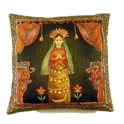 Virgin Mary in Folk Art Style, Pillow Cover, Forest Green
