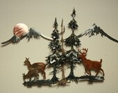 Buck Doe Deer Fawn Mountains Pine Tree Trees Sun Steel Wall Art Metal Nature Theme Home Cabin Decor