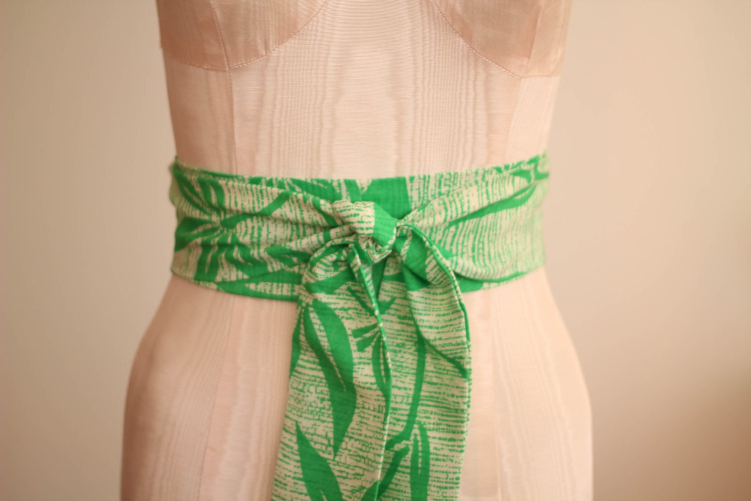 Lime Green and Off White Obi Belt in a  Floral Vintage Fabric - made to order