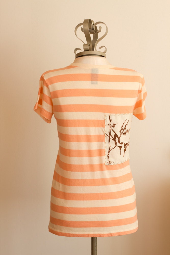 SALE Priscilla Peach Striped T - Shirt Size Medium / Large by ccdoodle on etsy - Love Birds Design