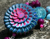 Lotus Flower Necklace and Earrings in Turquoise and Hot Pink