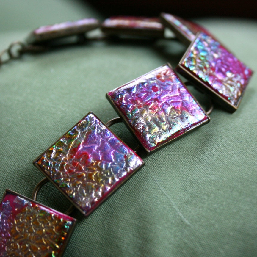 Iridescent Purple Crackle Polymer Clay on Antique Brass Bezel Bracelet