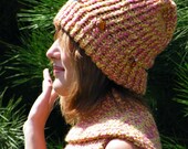 Bejeweled Salmon and Yellow Soft Hat and Scarf Set