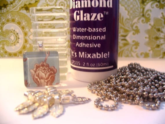 BUNDLE PACK...10...Ultra White Glass Tiles...10  Bails....10 Ball Chains...2 oz Diamond glaze