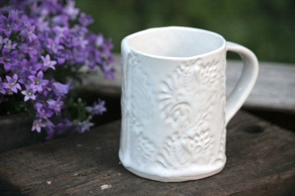 White Patterned Lace Damask Mug or Teacup
