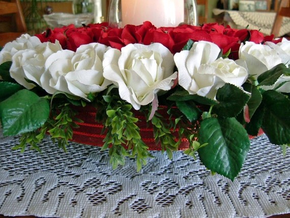 Candle Centerpiece With Red and White Roses
