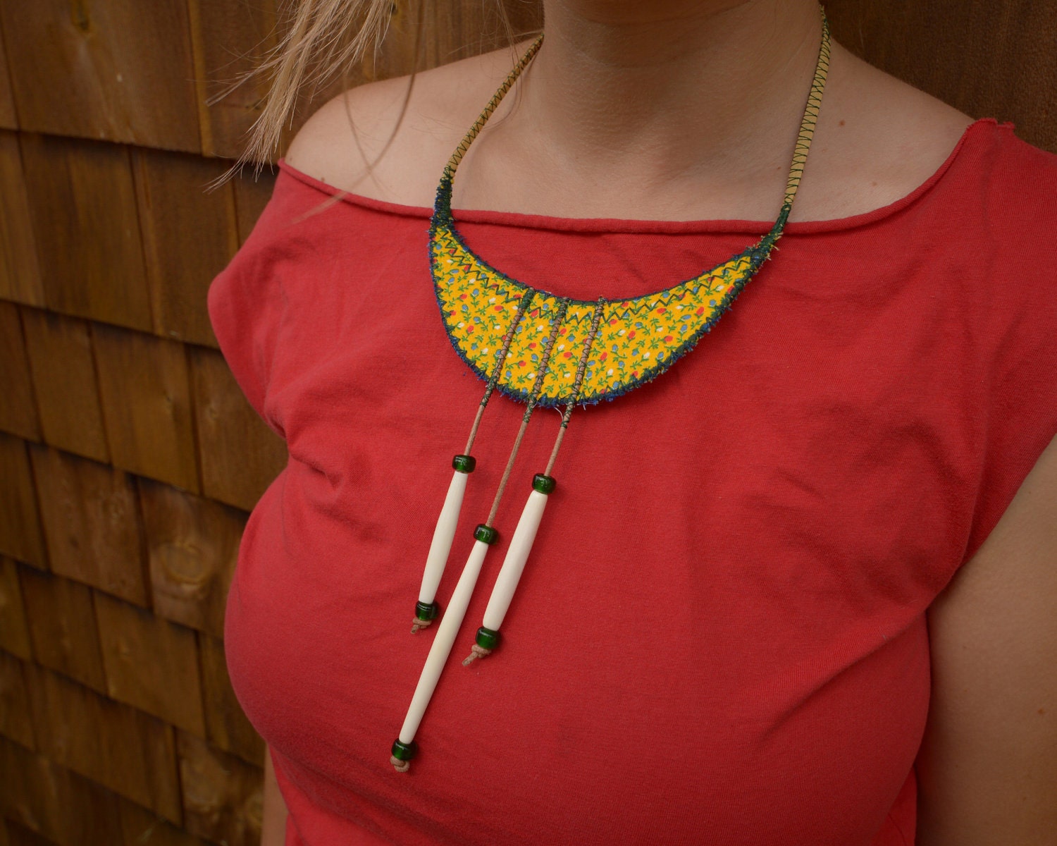 Upcycled Moon Necklace - Leather Jewelry with Fiber art and Textile - Unique and natural accessories - bone and glass