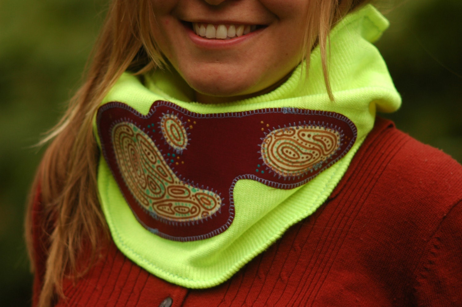Upcycled Cowl Scarf Warm reconstructed applique neon ecofriendly bicycle