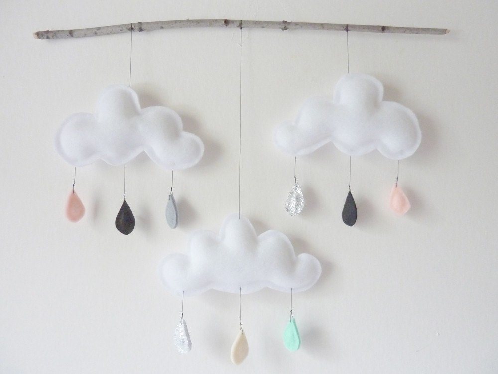 Rain Cloud Mobile Nursery Children Decor-Big Rain cloud mobile on branch-Neutral tones "I Love NY" by The Butter Flying.