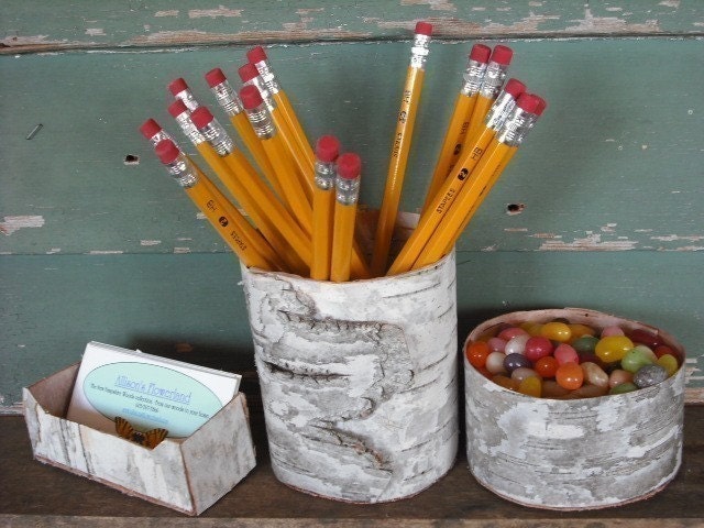 3 piece White Birch Bark desk set with pencil cup, business card holder and candy dish.