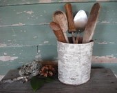 Birch Bark kitchen spoon or flower vase.  Made with a recycled can. Nice for your woodland rustic home or wedding.