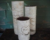 Set of 3 personized birch bark vases. Handmade in NH. Engraved with your initials for  your rustic, outdoor, woodland, nature wedding.