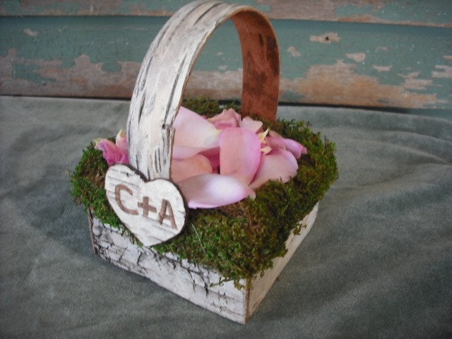 Handmade moss and birch bark flower girl basket with engraved heart for your woodland, nature, eco-friendly, fairytail wedding.