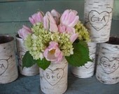 Birch bark covered glass vase.  Personalized with a heart and your initials for your woodland wedding or Valentine.