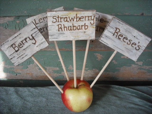 Set of 5 birch bark covered signs, personalized for your buffet.  For pies, cakes or desserts.