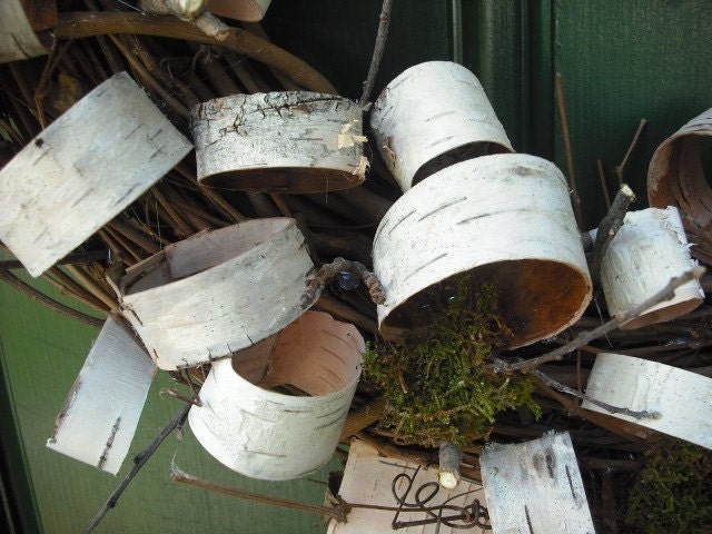 Large birch bark loop wreath with twigs and moss for your nature, woodland rustic home.