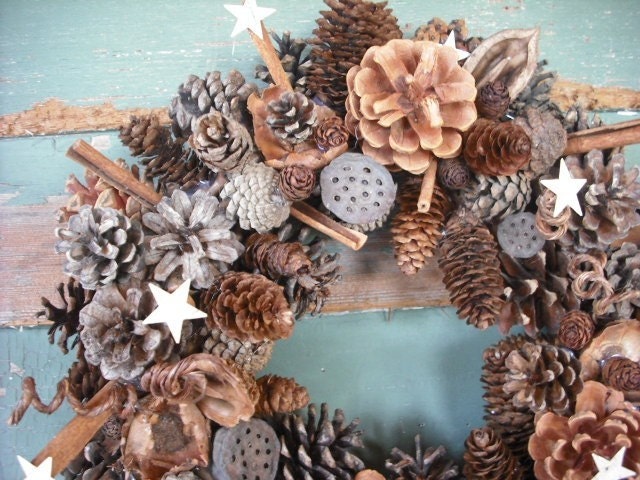 Pine Cone and Cinnamon Wreath with birch bark stars and spices