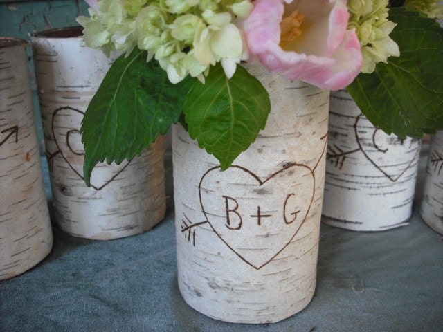 12 Birch bark covered glass vases. Personalized with a heart and your initials for your woodland, rustic, nature Wedding