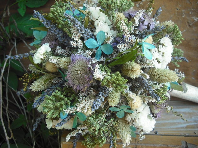 Dried flower Bride's  bouquet with Birch holder ,custom made in your colors. For your woodland natural wedding.