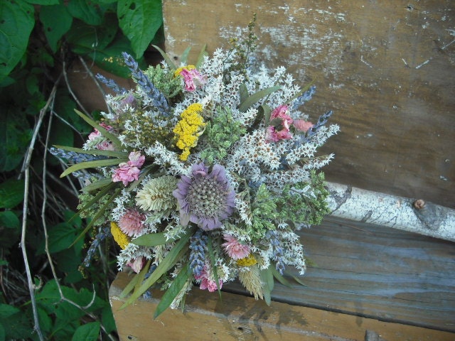 Dried flower and Herb Bride's maid  bouquet with Birch holder. In your choice of colors. For your woodland, rustic, summer or fall wedding.