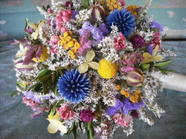 Dried flower Bridal  bouquet with Birch handle featuring Billy Buttons and Thistles.  For your woodland natural wedding.