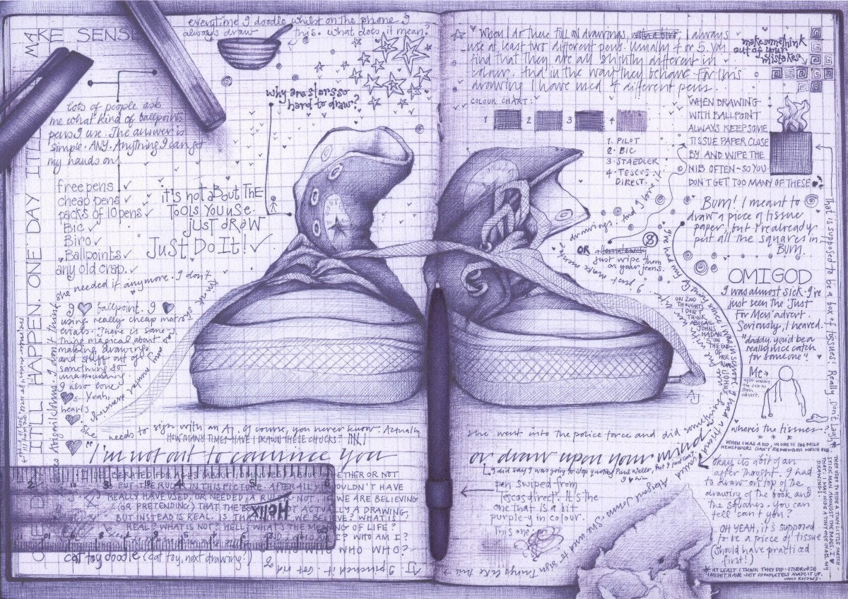 HALF PRICE Ballpoint Illustration Print. Schooldays Excercise Book revisited - Converse to Rulers via scribbles. A4 Print.