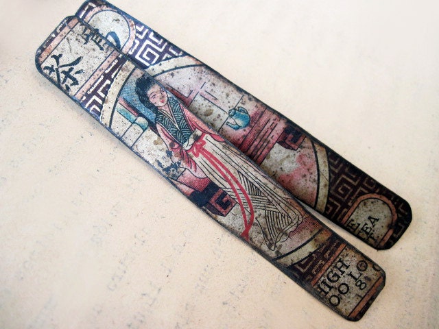 Little Red and the Dragon. Salvaged Tea Tin Earring Posts.