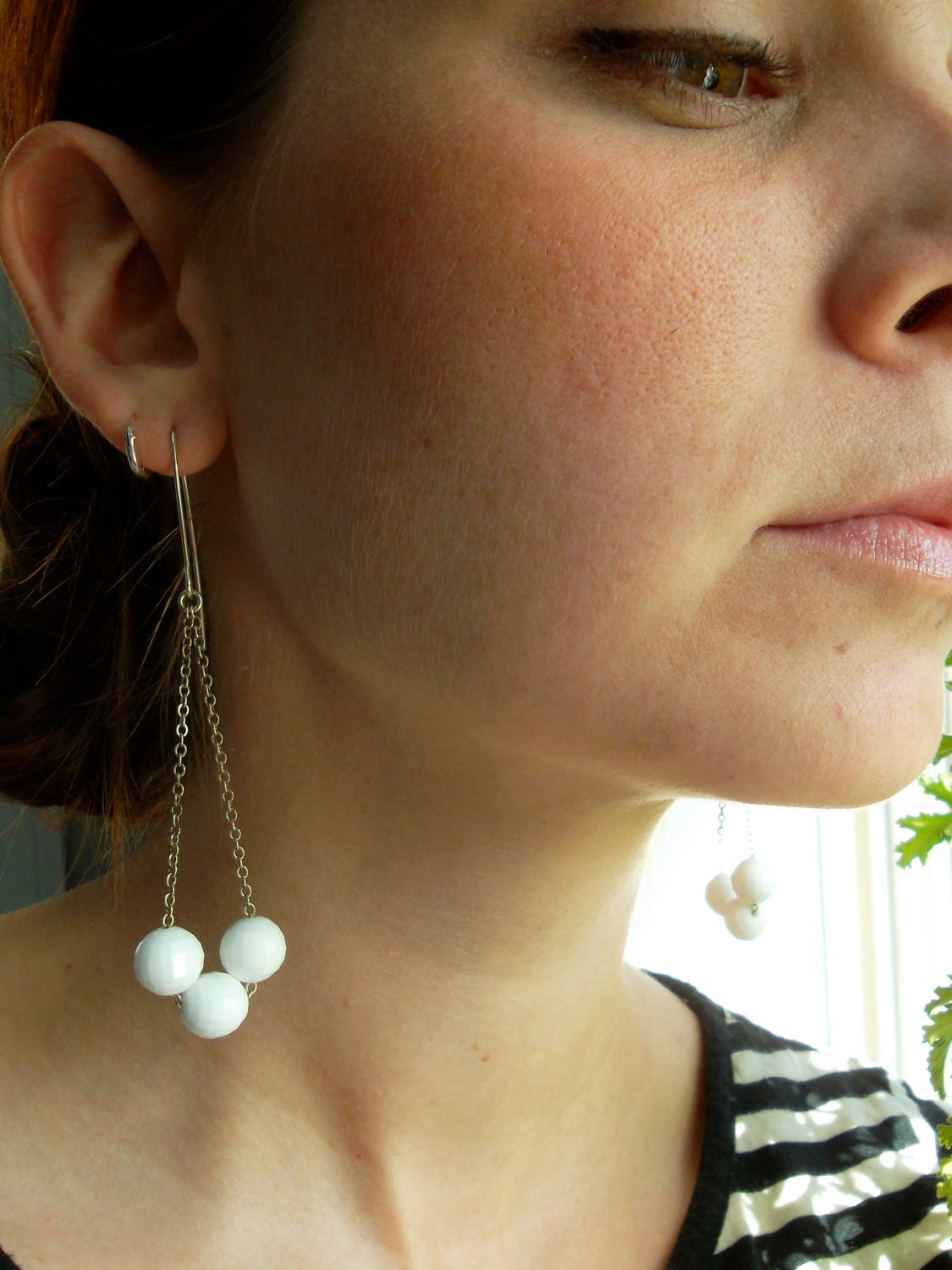 drop earrings with vintage white beads, sterling silver chain and wire