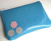 Zipper Pouch - Glitter Vinyl - Blue with Hexagons