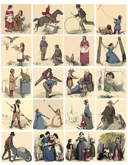 every day life people working playing picture book art men women children collage 2 inch squares