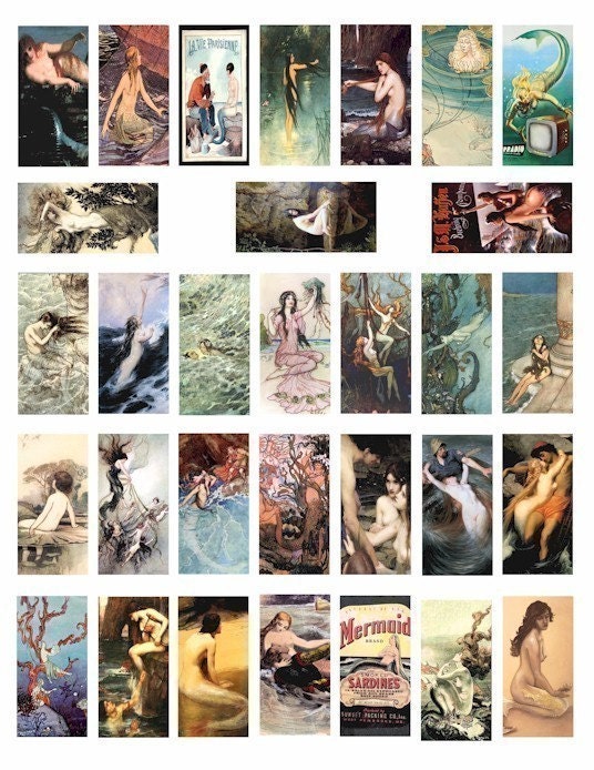 fishy folk vintage mermaid mermen nymph fantasy art illustrations CLIP ART digital download collage 1 x 2 INCH dominos