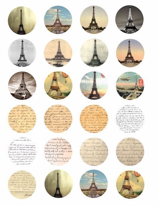 vintage 1800s eiffel tower postcards french hand written letters clip art  digital download collage sheet 1.5 inch circles