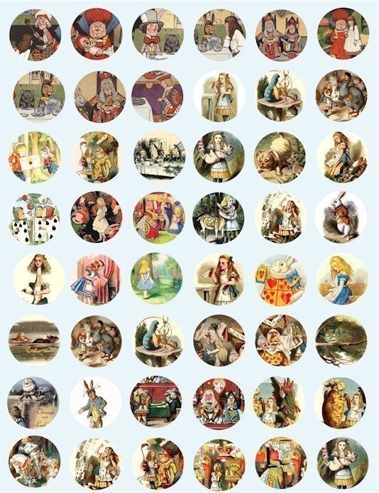 Alice In Wonderland Vintage woodcuts from 1890s book digital download COLLAGE SHEET 1 INCH circles