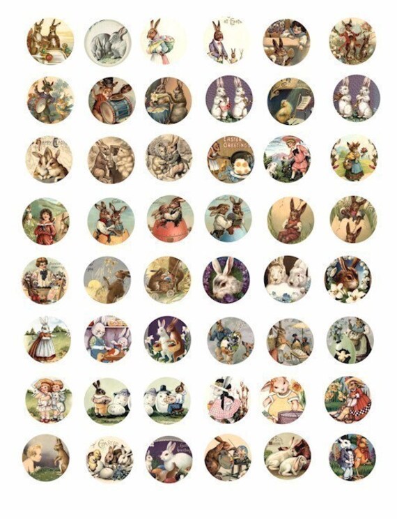 Easter Bunny rabbit vintage postcard clip art collage sheets 1 INCH circles