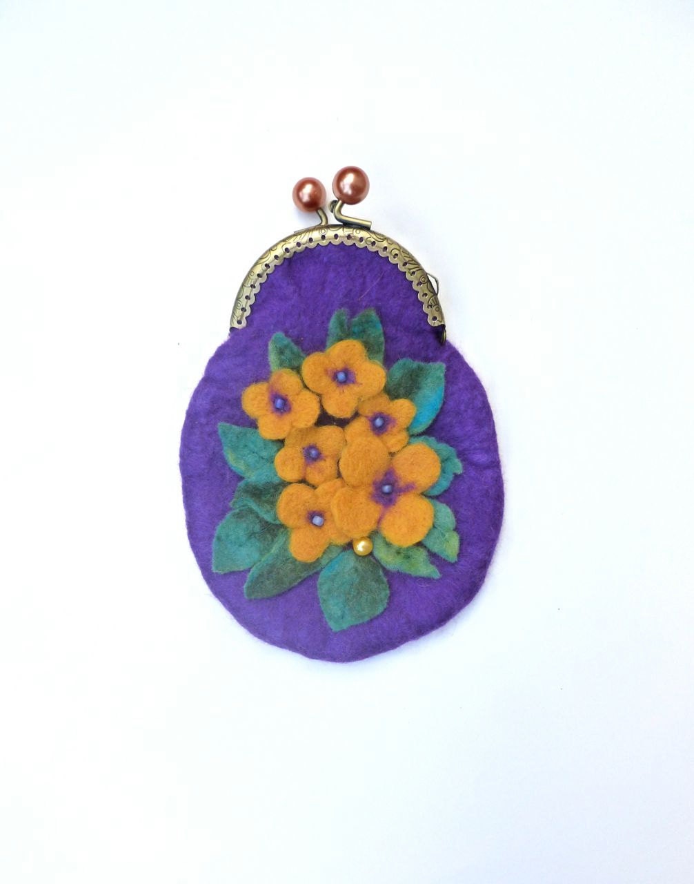 Wet Felted Purse /Purple /Yellow Flowers coin purse with metal closure Make Up Purse/ gift for her