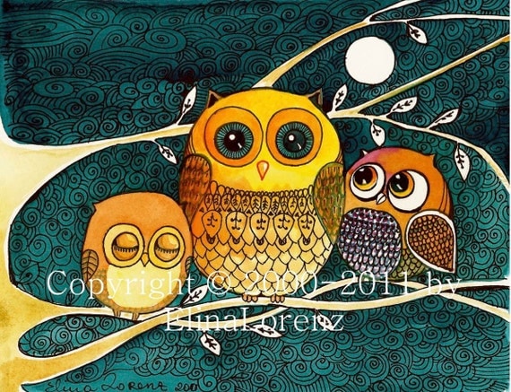 Print from Original watercolor painting"Owls at night" by Elina Lorenz