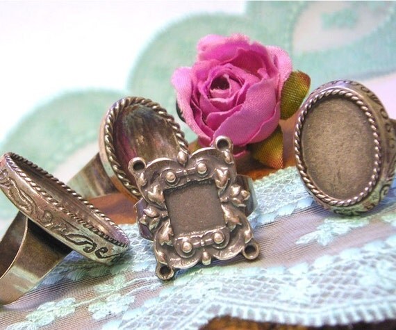 4 Adjustable Ring Blanks settings, Sterling Silver plated with Antique Oxidized Finish, Vintage style, Wide band, Lead Free