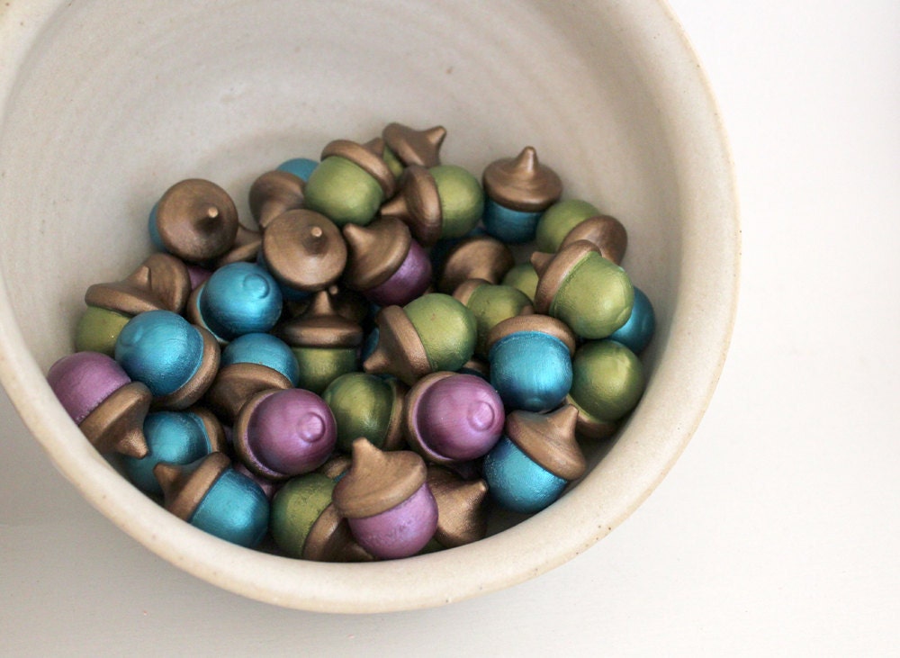 Peacock Acorns, Jeweltone Bowl Fillers, Painted Wooden Acorns, Set of 50 - MADE TO ORDER